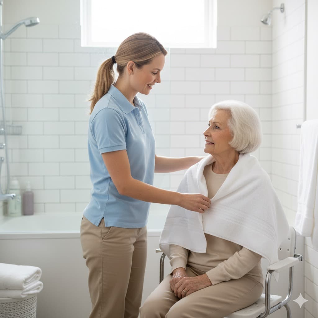A caregiver helping a smiling senior woman after a bath