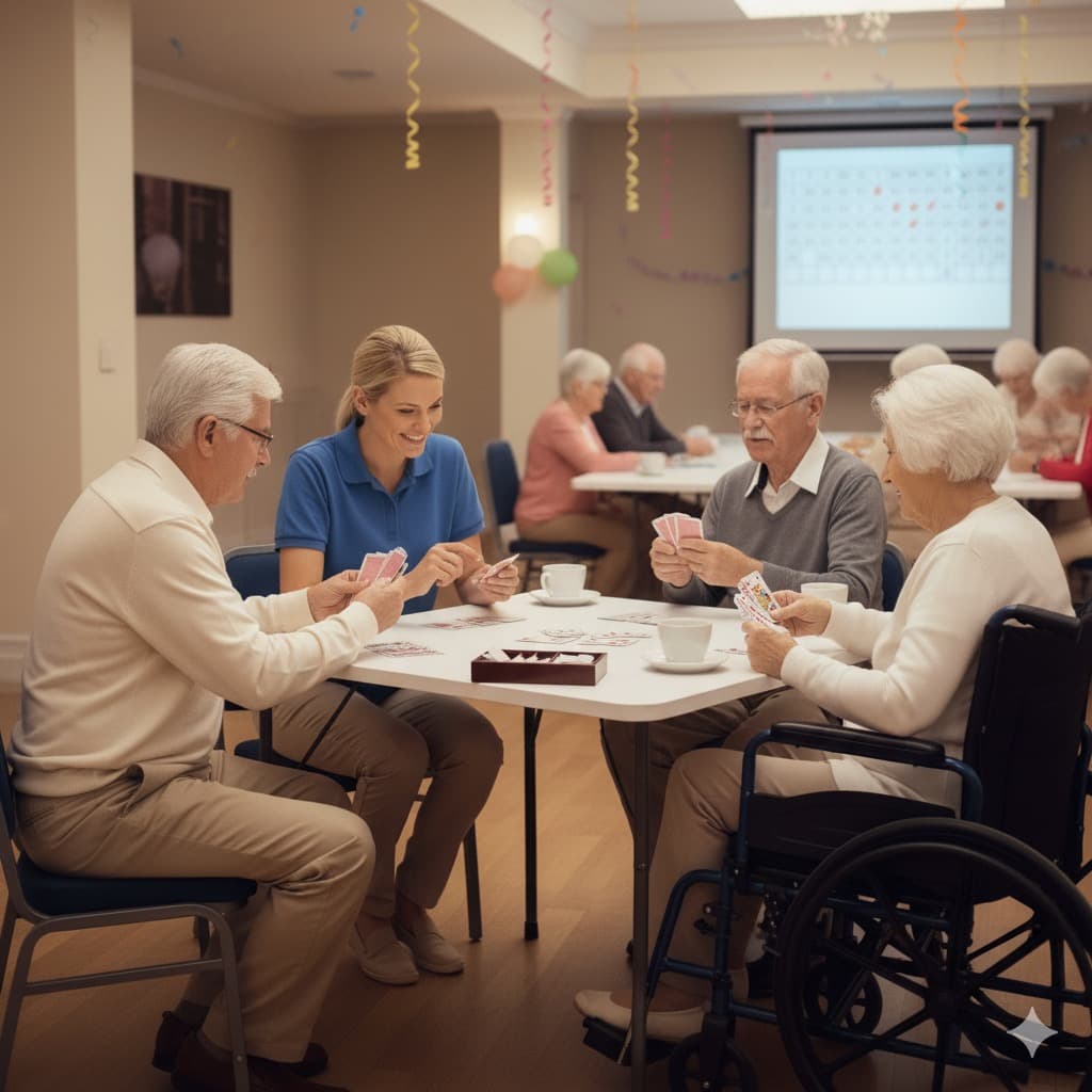 A caregiver playing cards with seniors at a social table
