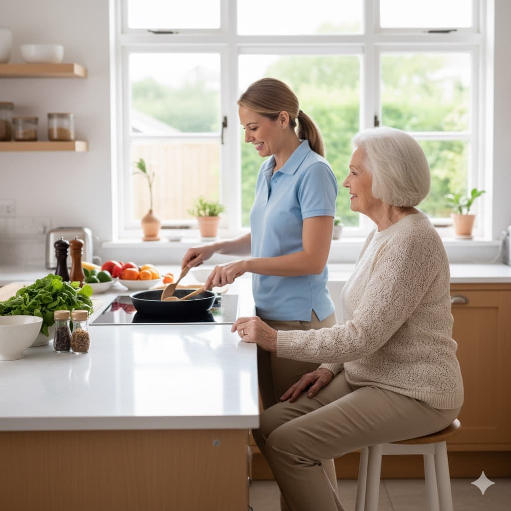 A caregiver cooking in the kitchen with a senior client