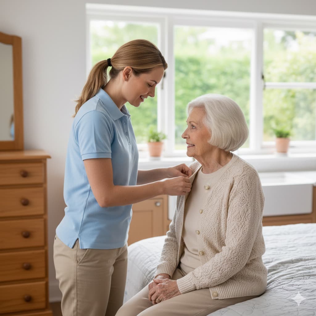 A caregiver gently assisting a senior client getting dressed
