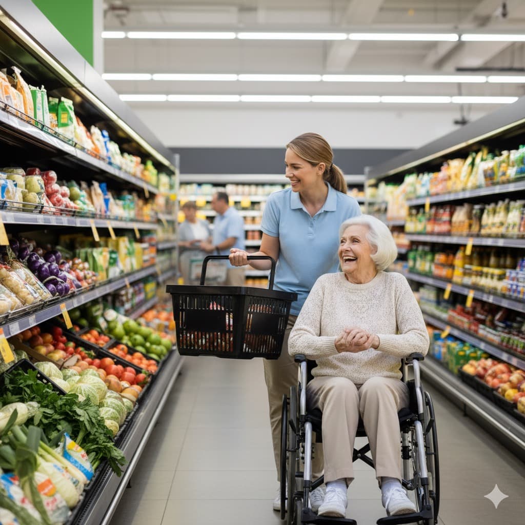 A caregiver grocery shopping with a senior client