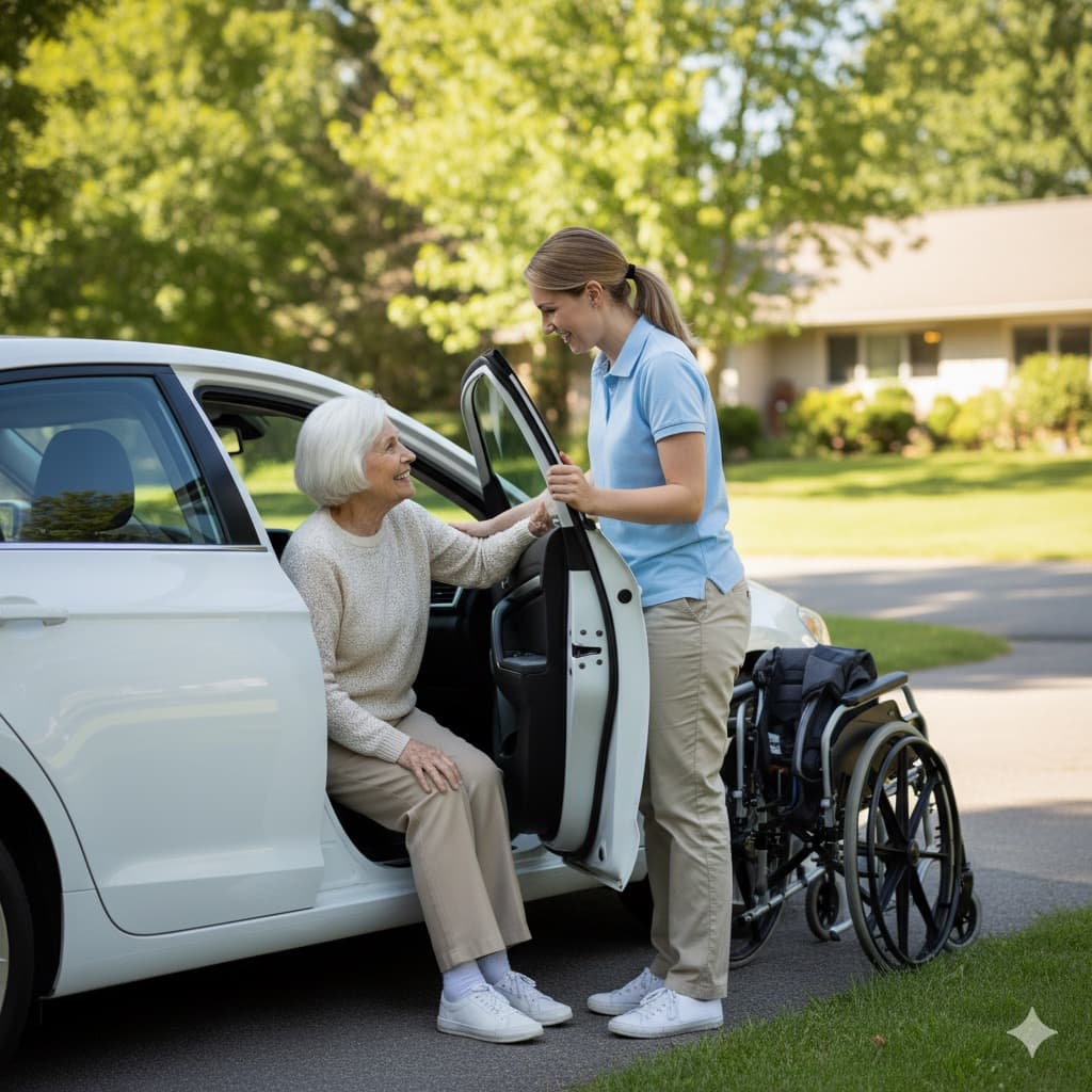 A caregiver helping a senior woman into the car for a ride