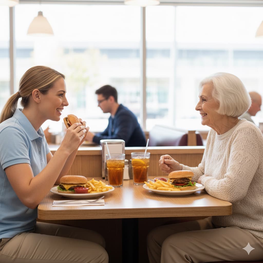 A caregiver sharing lunch out with a senior client