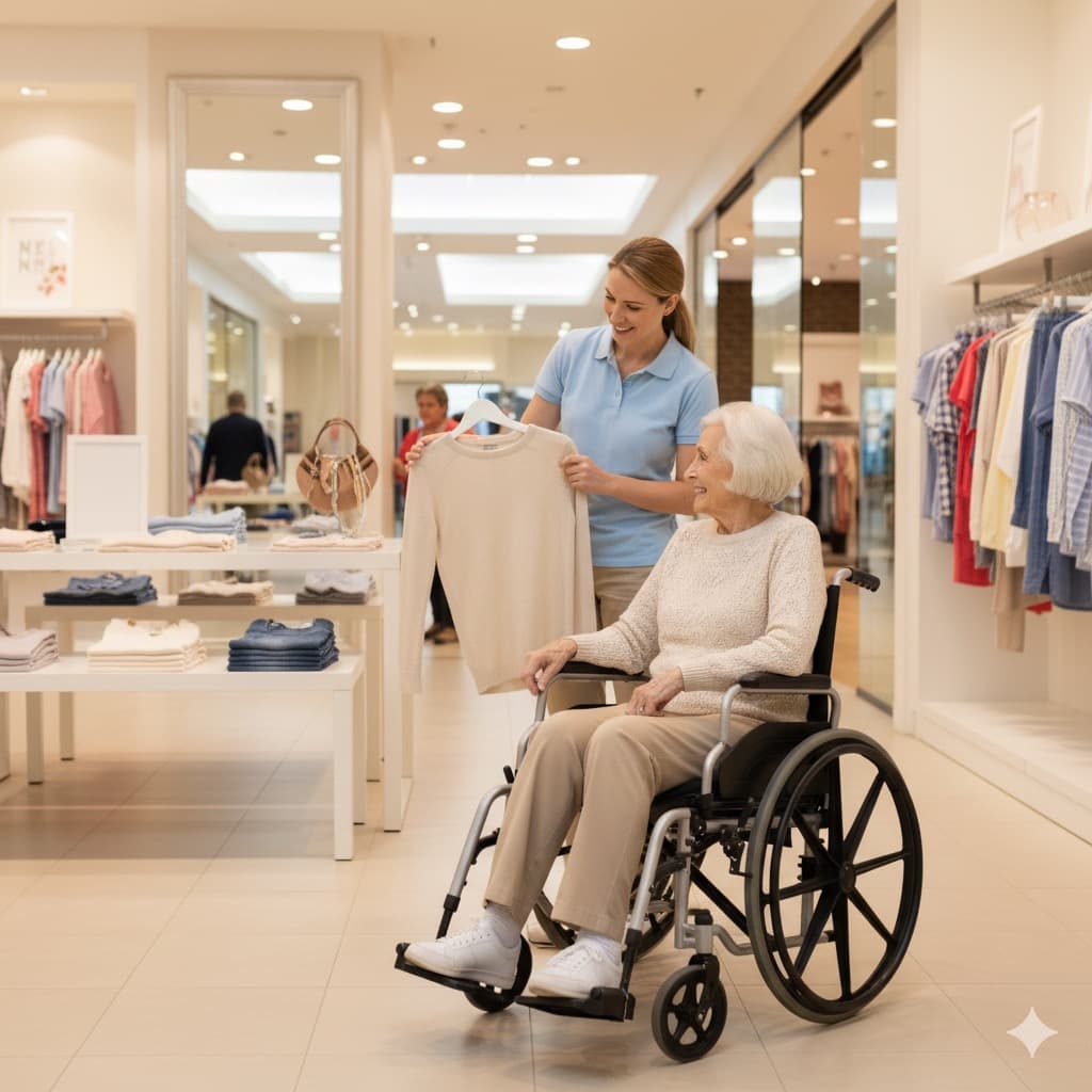 A caregiver helping a senior client pick out clothes while shopping