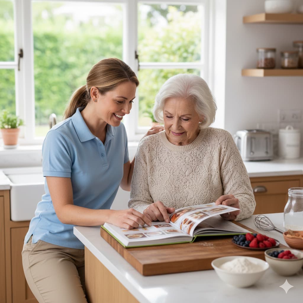 A caregiver reading a recipe together with a senior client in the kitchen