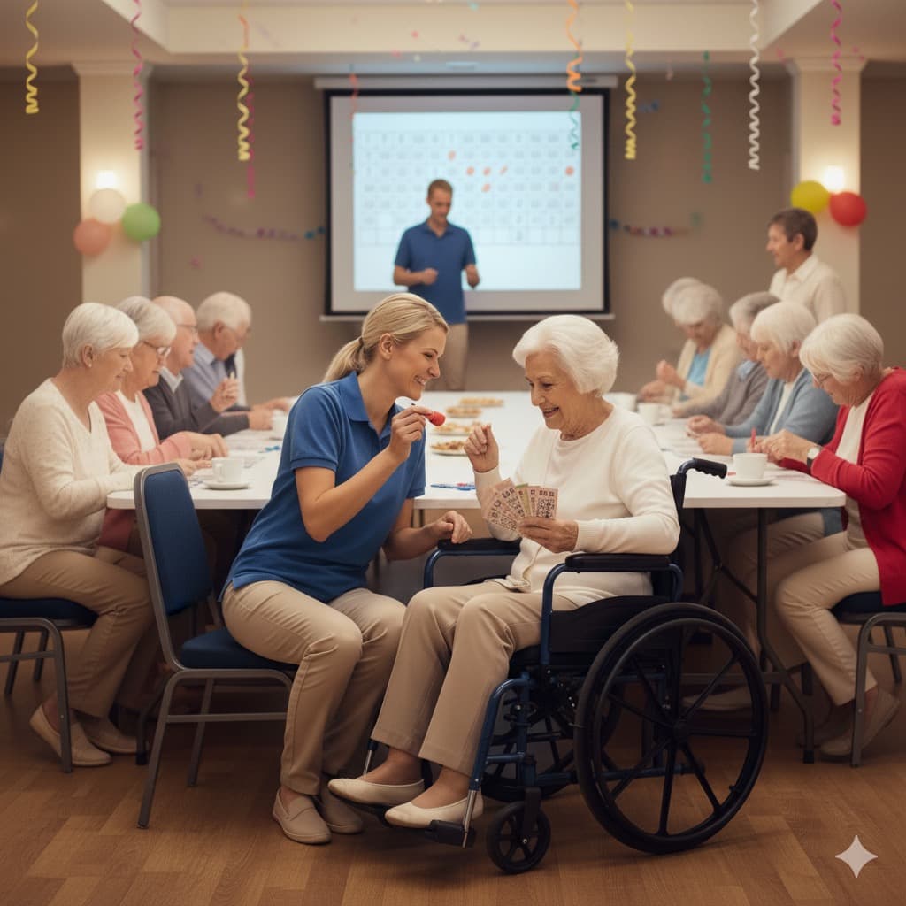 A caregiver playing bingo with a senior client at a community game day