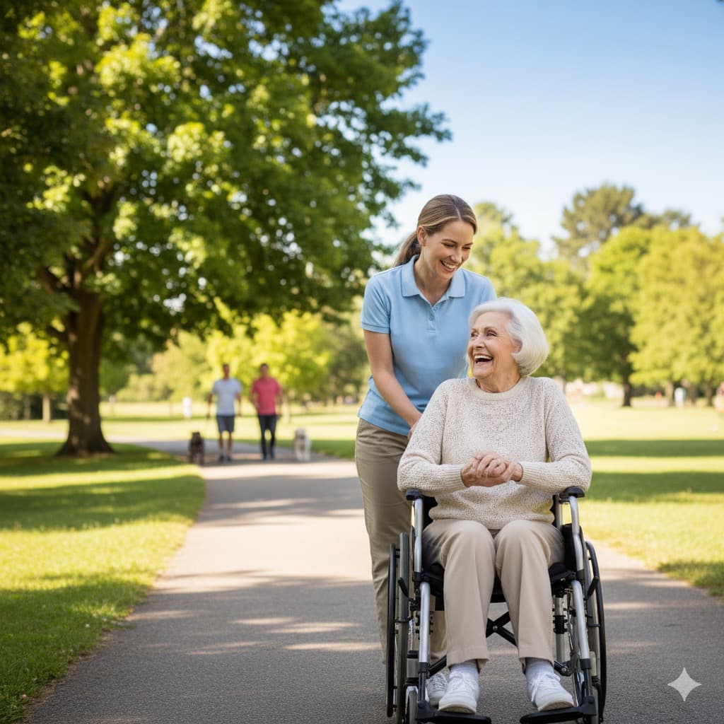 A caregiver pushing a senior client's wheelchair on a sunny park path