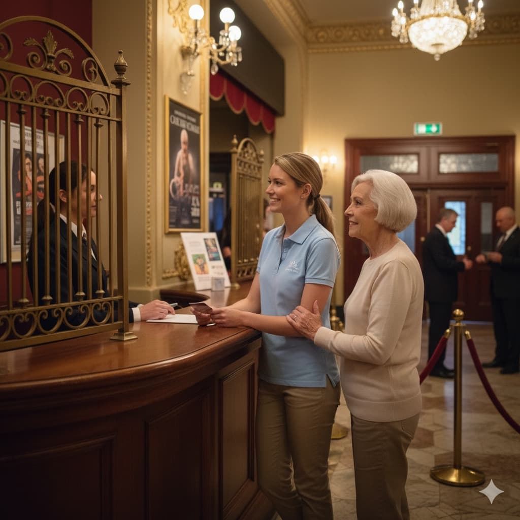A caregiver accompanying a senior client to a night at the theater