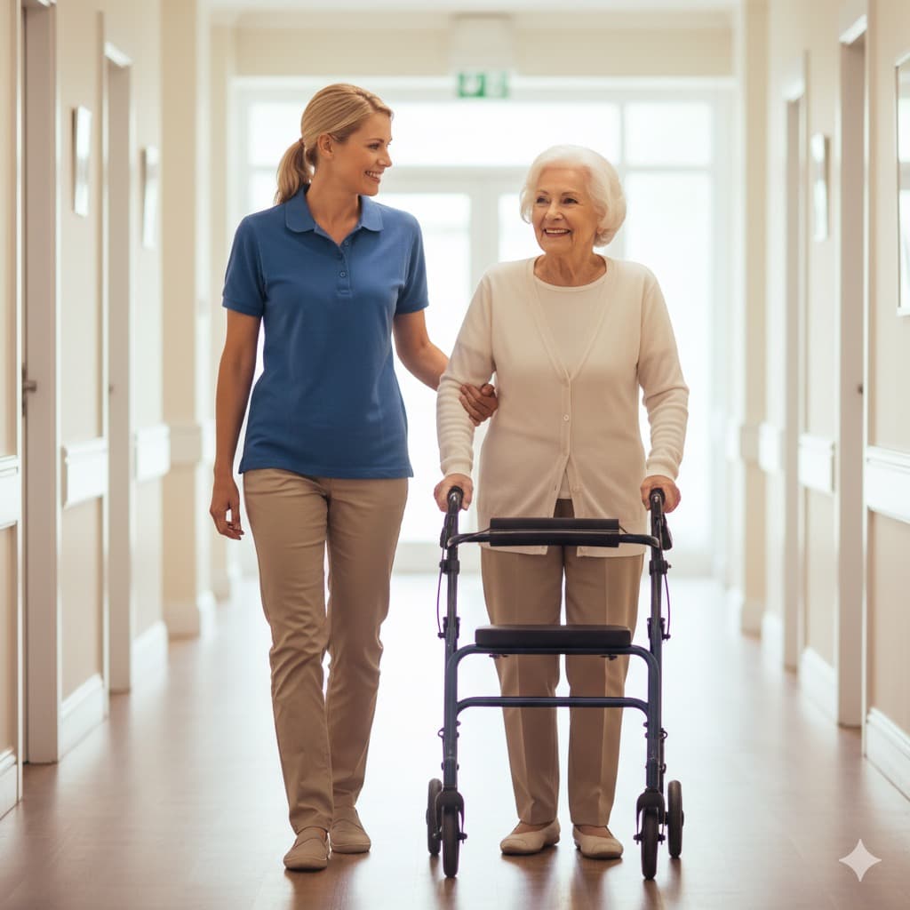 A Red Hill caregiver walking arm-in-arm with a smiling senior client down a bright hallway